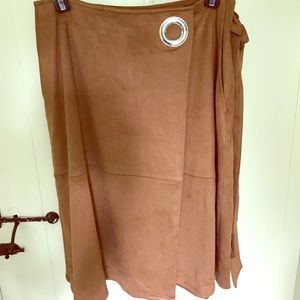 Faux-suede WHBM camel brown wrap skirt.